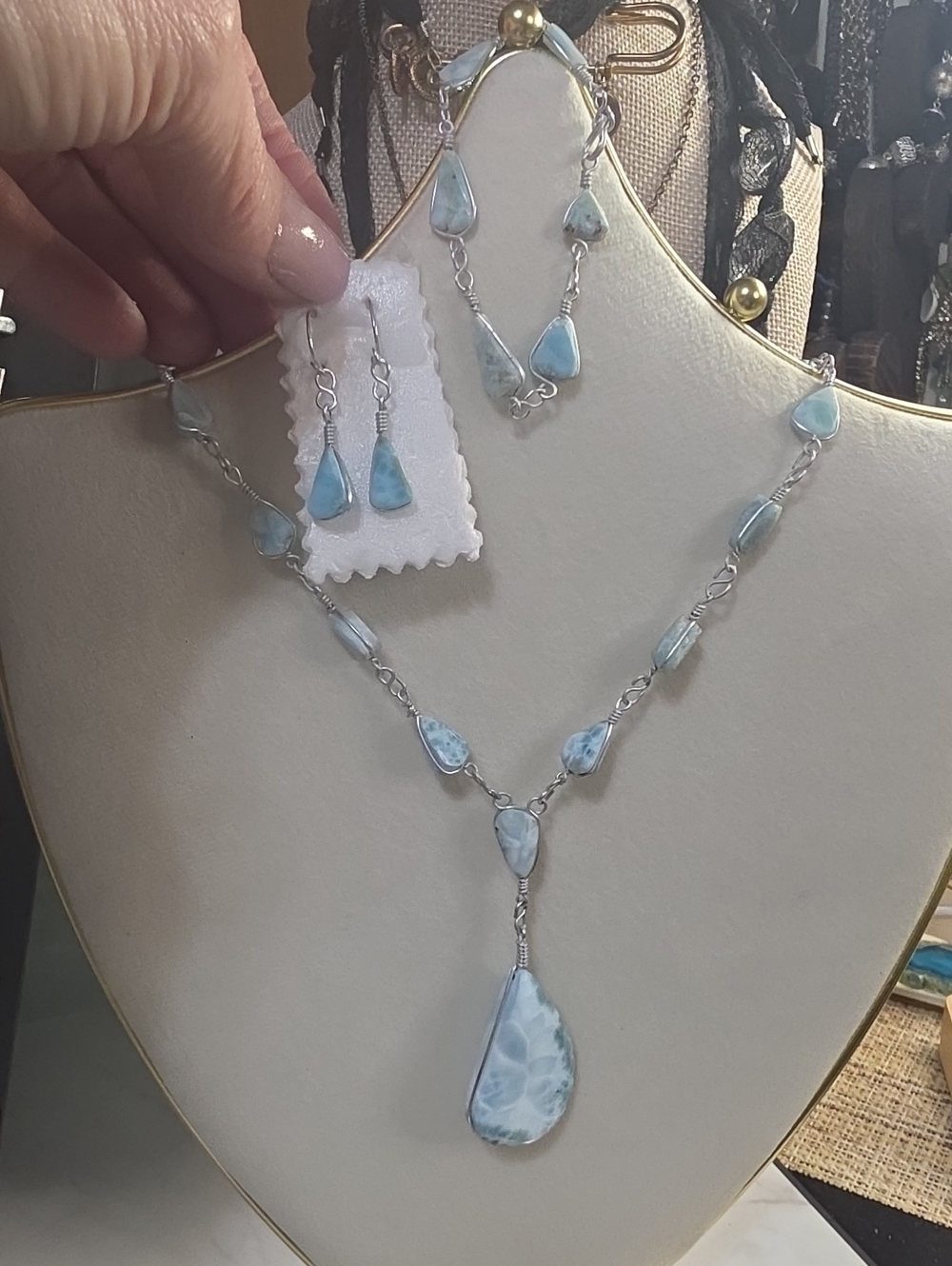 Silver Larimar Teardrop Necklace, Braceket & Earrings Set